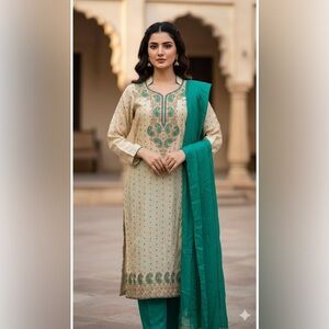 Elegant Cream and Green Embroidered Shalwar Kamees NWT